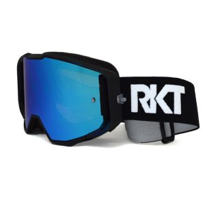 black motocross goggles with blue lens and black mountain bike goggle with blue mirror lens
