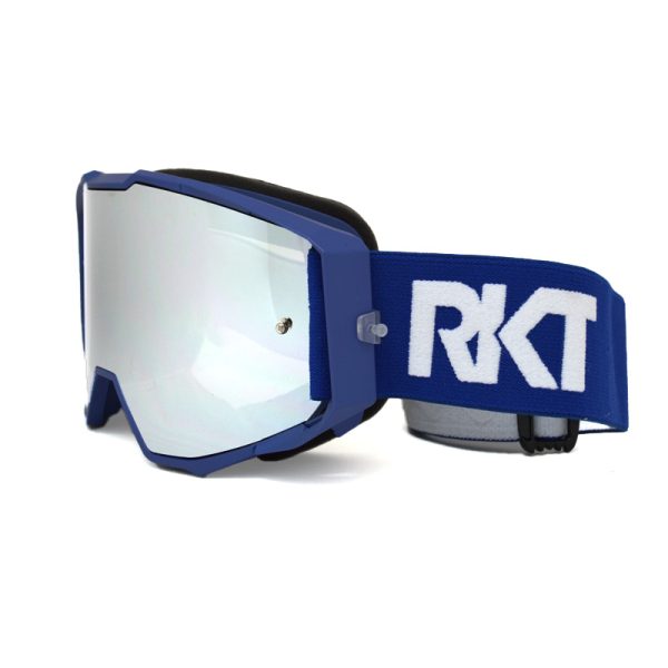blue motocross goggles with silver lens and blue mountain bike goggle with silver mirror lens