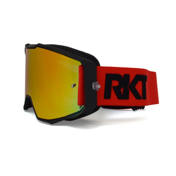 red motocross goggles, red mountain bike goggles with a gold mirrored lens