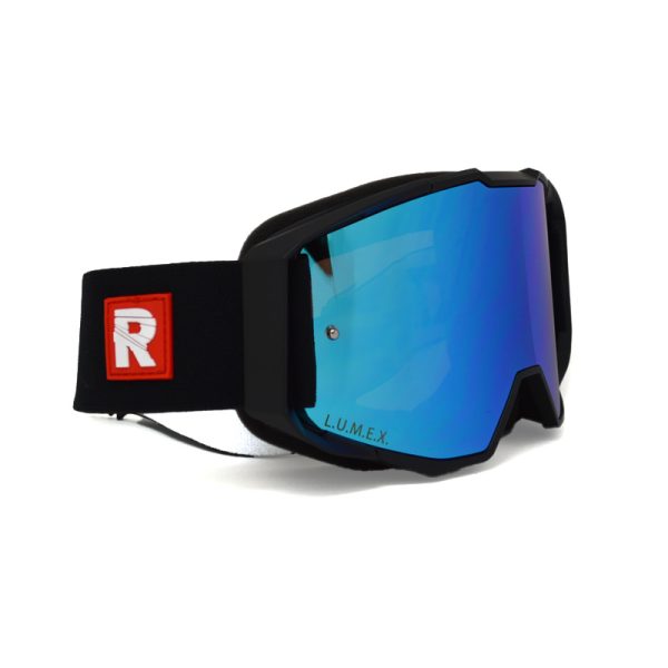 black motocross goggles with blue lens and black mountain bike goggle with blue mirror lens