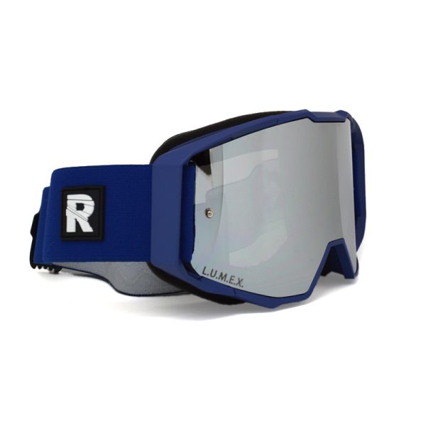 blue motocross goggles with silver lens and blue mountain bike goggle with silver mirror lens