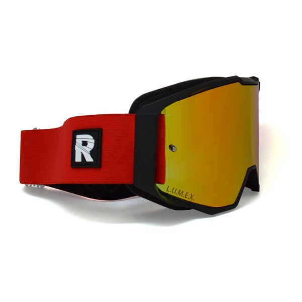 red motocross goggles, red mountain bike goggles with a gold mirrored lens