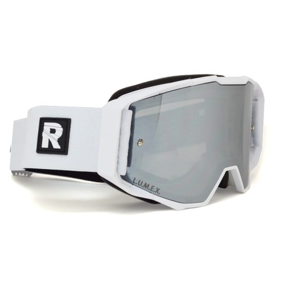 white motocross goggles with a mirrored lens