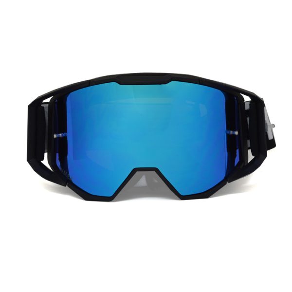 black motocross goggles with blue lens and black mountain bike goggle with blue mirror lens