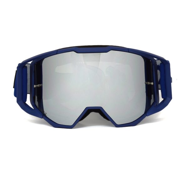 blue motocross goggles with silver lens and blue mountain bike goggle with silver mirror lens