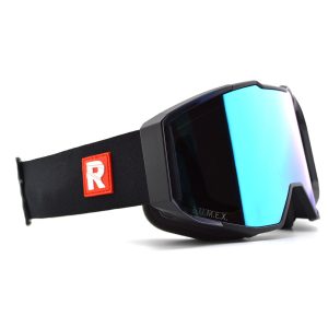 Black L.U.M.E.X. ski goggles with a red "R" logo on the strap.