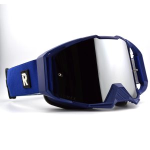 Blue motocross goggles with reflective lens and strap.