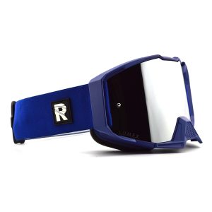 Blue motocross goggles with reflective lens and "R" logo on strap.