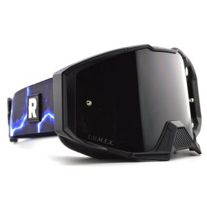 Black L.U.M.E.X. motocross goggles with blue lightning bolt strap