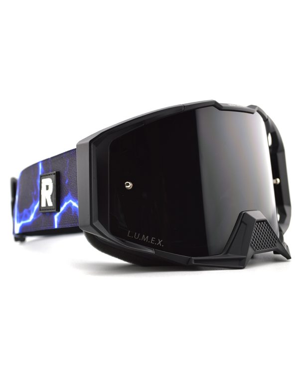 Black L.U.M.E.X. motocross goggles with blue lightning bolt strap