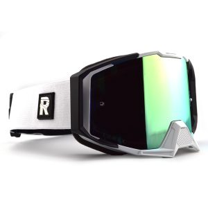 White and black motocross goggles with a mirrored lens. L.U.M.E.X.