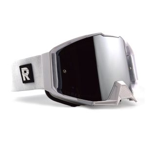 White motocross goggles with silver mirrored lenses and a white strap. L.U.M.E.X. is visible on the frame.