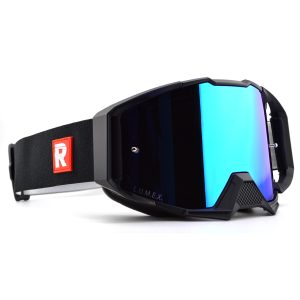Black motocross goggles with blue mirrored lenses and adjustable strap. L.U.M.E.X. logo visible.