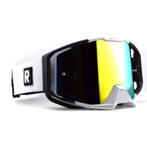 White and black motocross goggles with a mirrored gold lens. LUMEX.