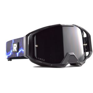 Black L.U.M.E.X. motocross goggles with blue lightning bolt strap
