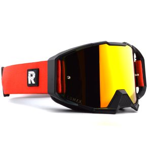 Red and black motocross goggles with gold lenses; L.U.M.E.X. branding visible.