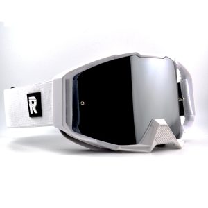 White motocross goggles with mirrored lenses and adjustable strap.