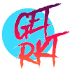 Abstract graphic design with "Get Down" text in vibrant red and purple hues.